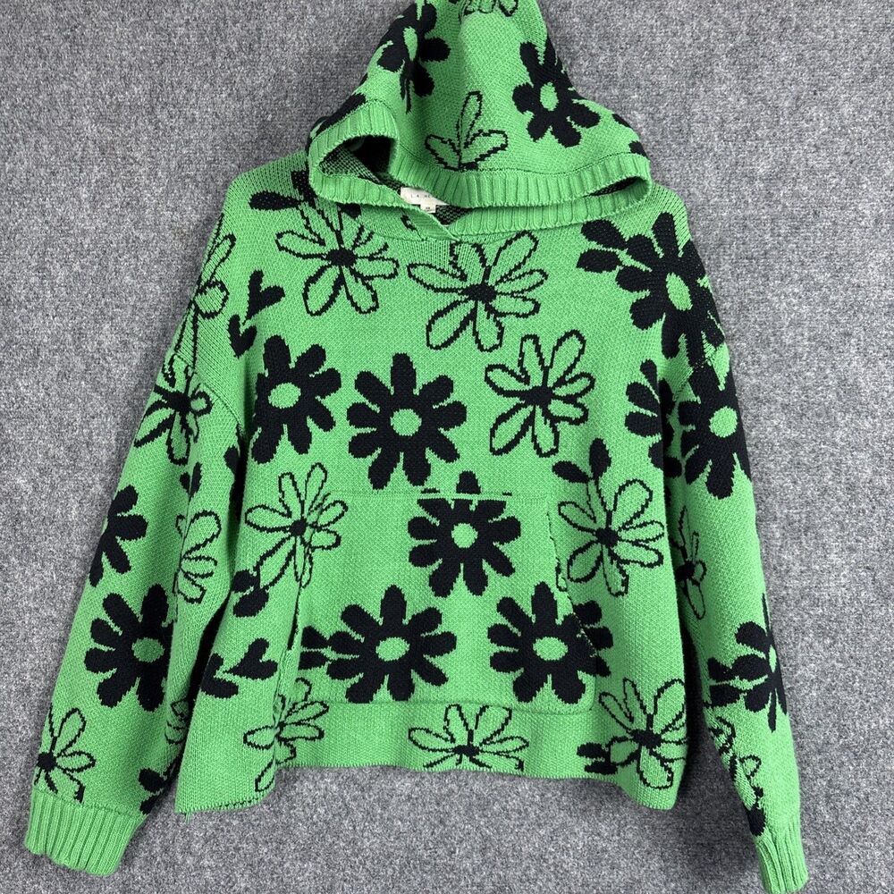 LA Hearts Sweater Womens Size XS Green Black Floral Hoodie Knit Colorful
